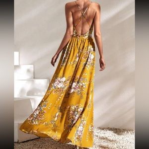 Casual Women's Floral Style Large Hem Cross Open Back Dress